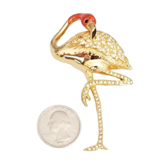 Swarovski Coral Color Enamel Clear Rhinestone Flamingo Brooch Pin M359 - Picture 6 of 10